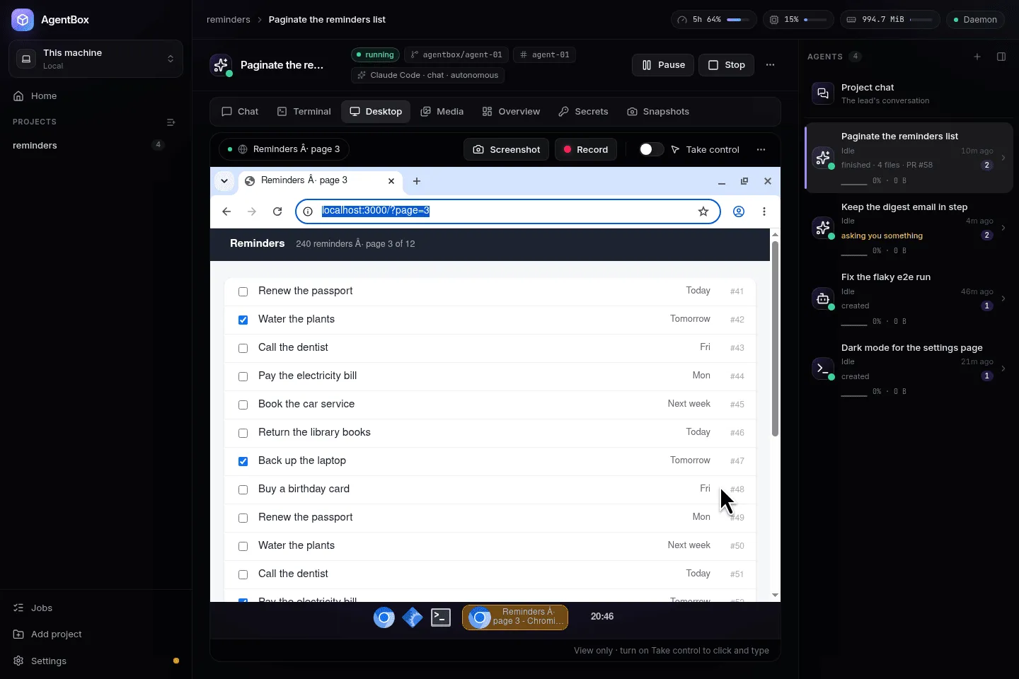 An agent's Desktop tab: the page it built, open in its own browser