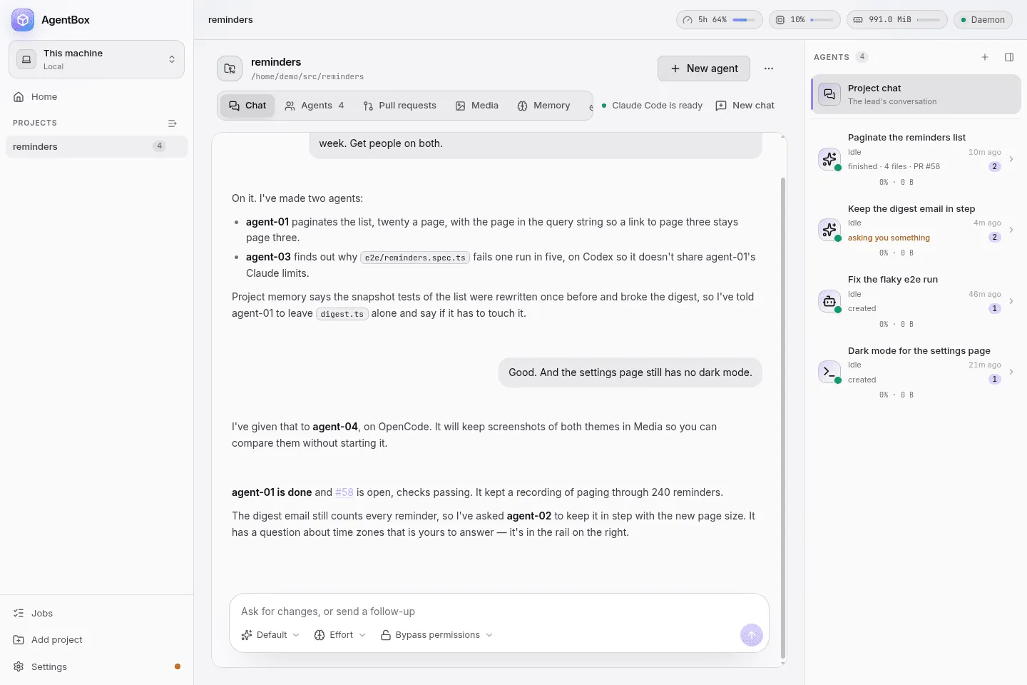 A project's chat directing four agents, with the agents' threads in the rail on the right