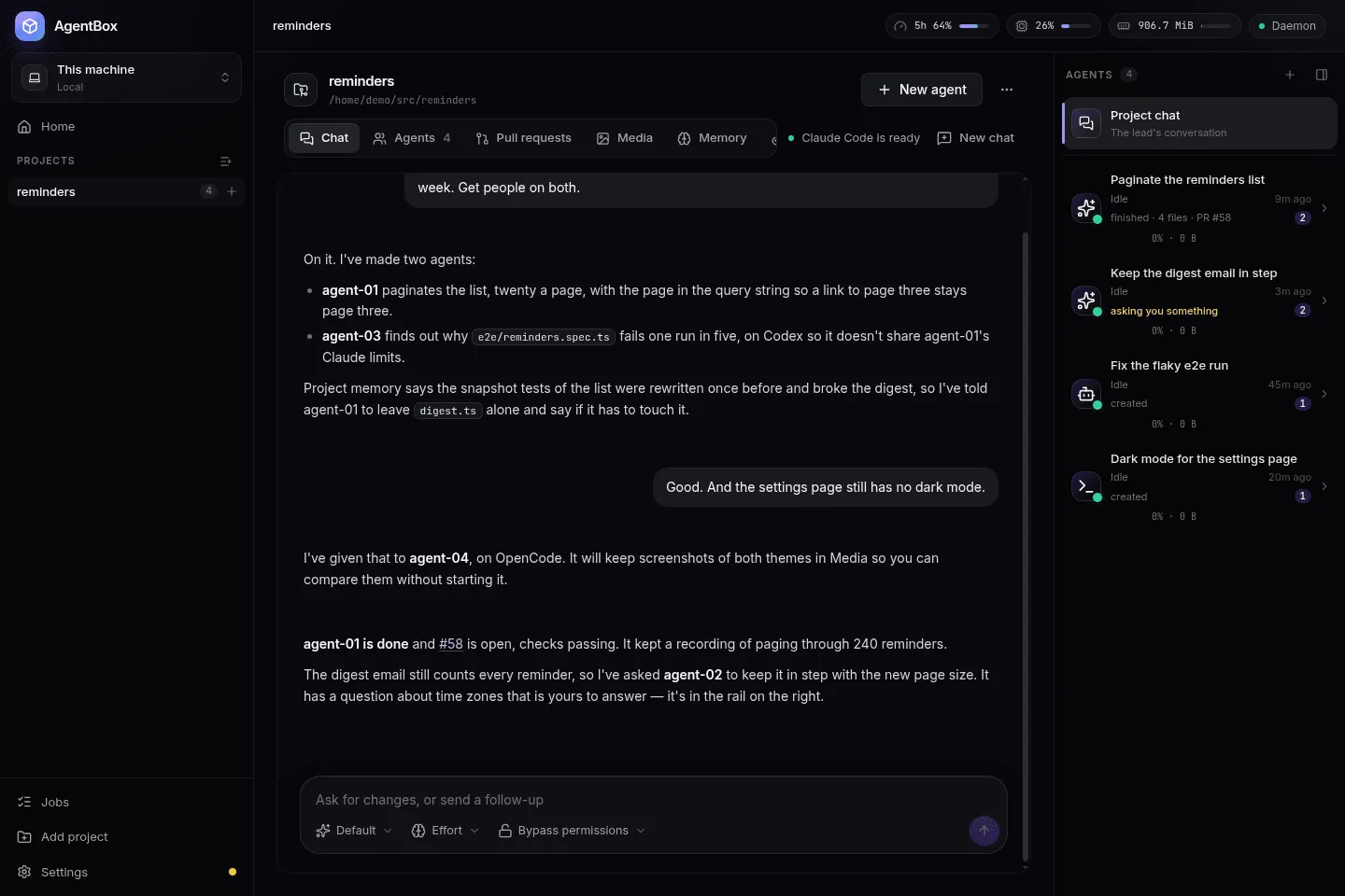 A project's chat directing four agents, with the agents' threads in the rail on the right