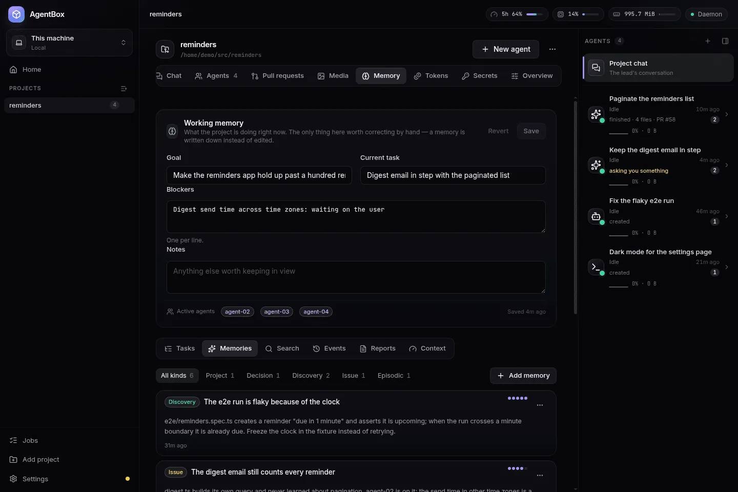 The Memory tab: what the project is doing now, and the memories it has kept