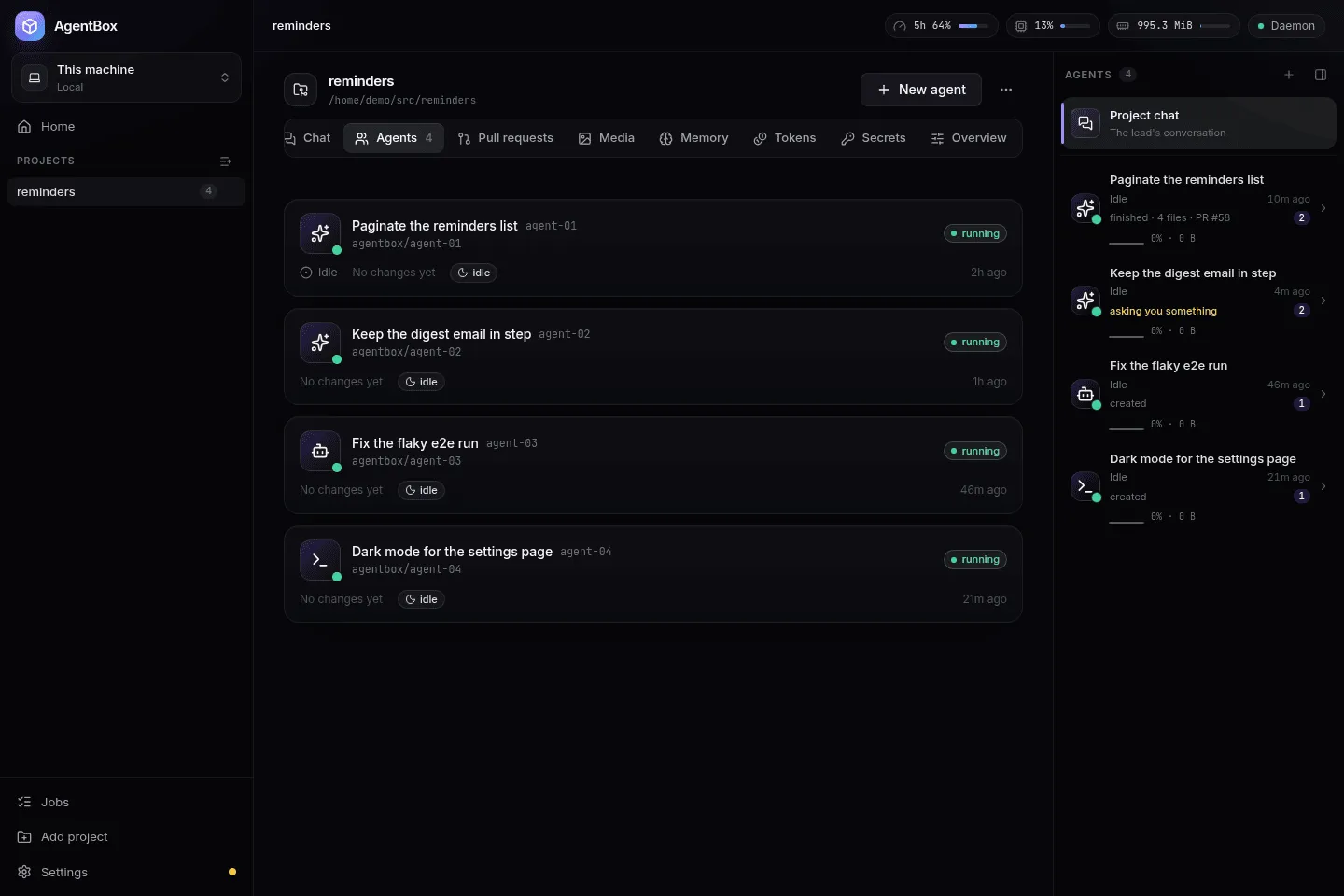 A project's Agents tab: four agents, each on its own branch, with what it changed
